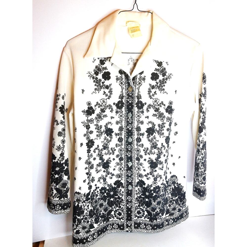 Vintage 70s Rhoda Lee Black And White Floral Polyester Blouse Size 10 READ
